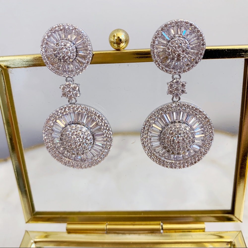 Silver Tone Round CZ Statement Party Earrings NWOT